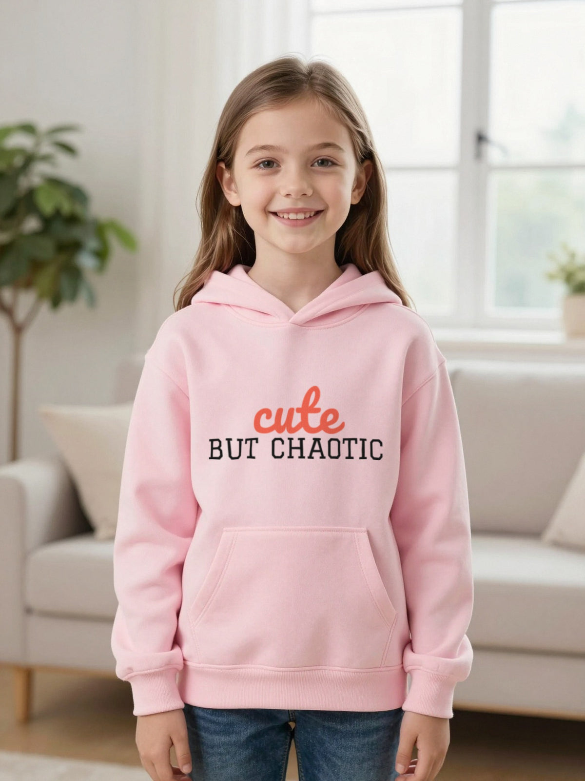Kids Cute But Chaotic T-Shirt, Sweatshirt & Hoodie Hoodie in Light Pink, worn by a child