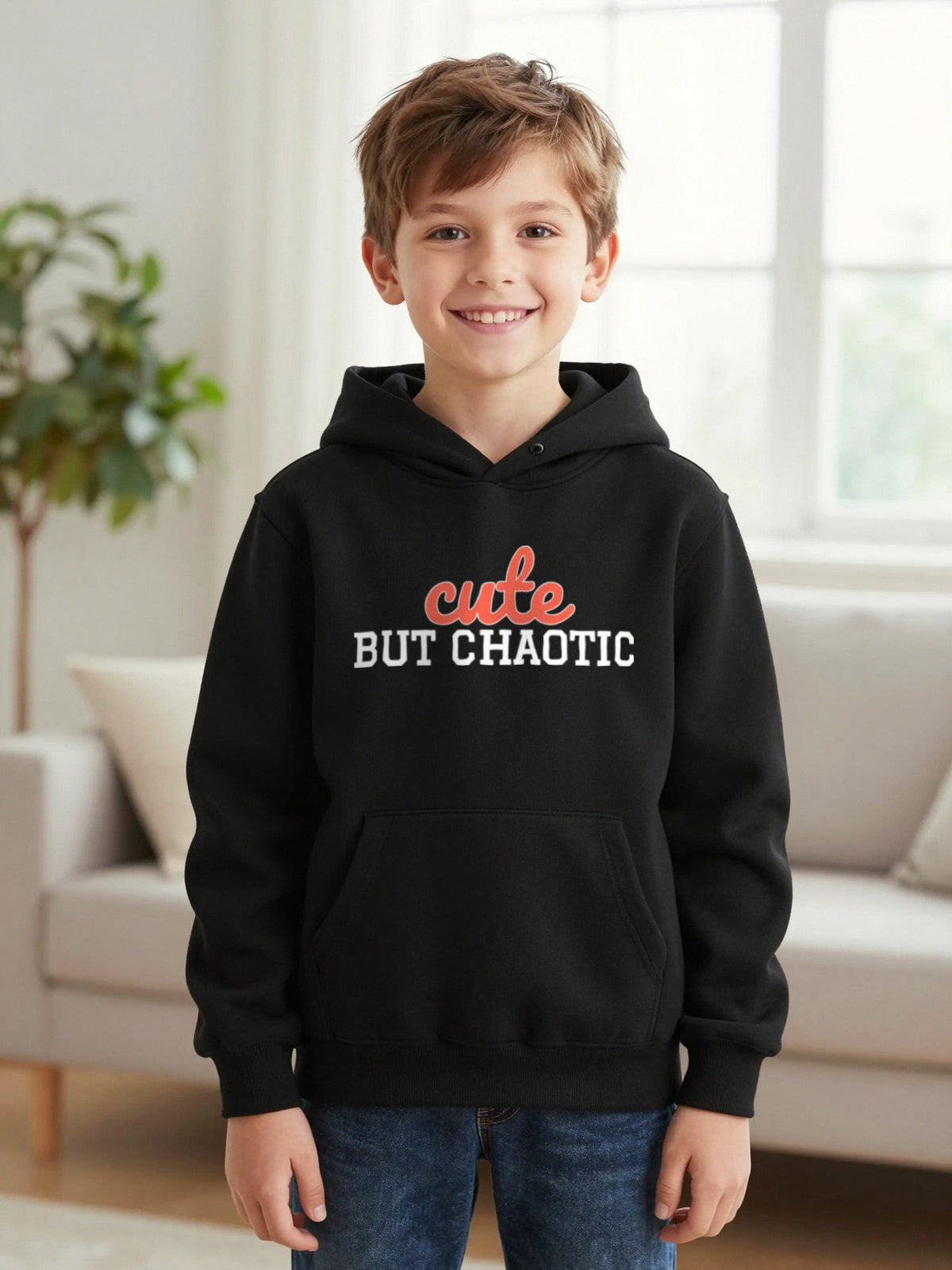 Kids Cute But Chaotic T-Shirt, Sweatshirt & Hoodie Hoodie in Black, worn by a child