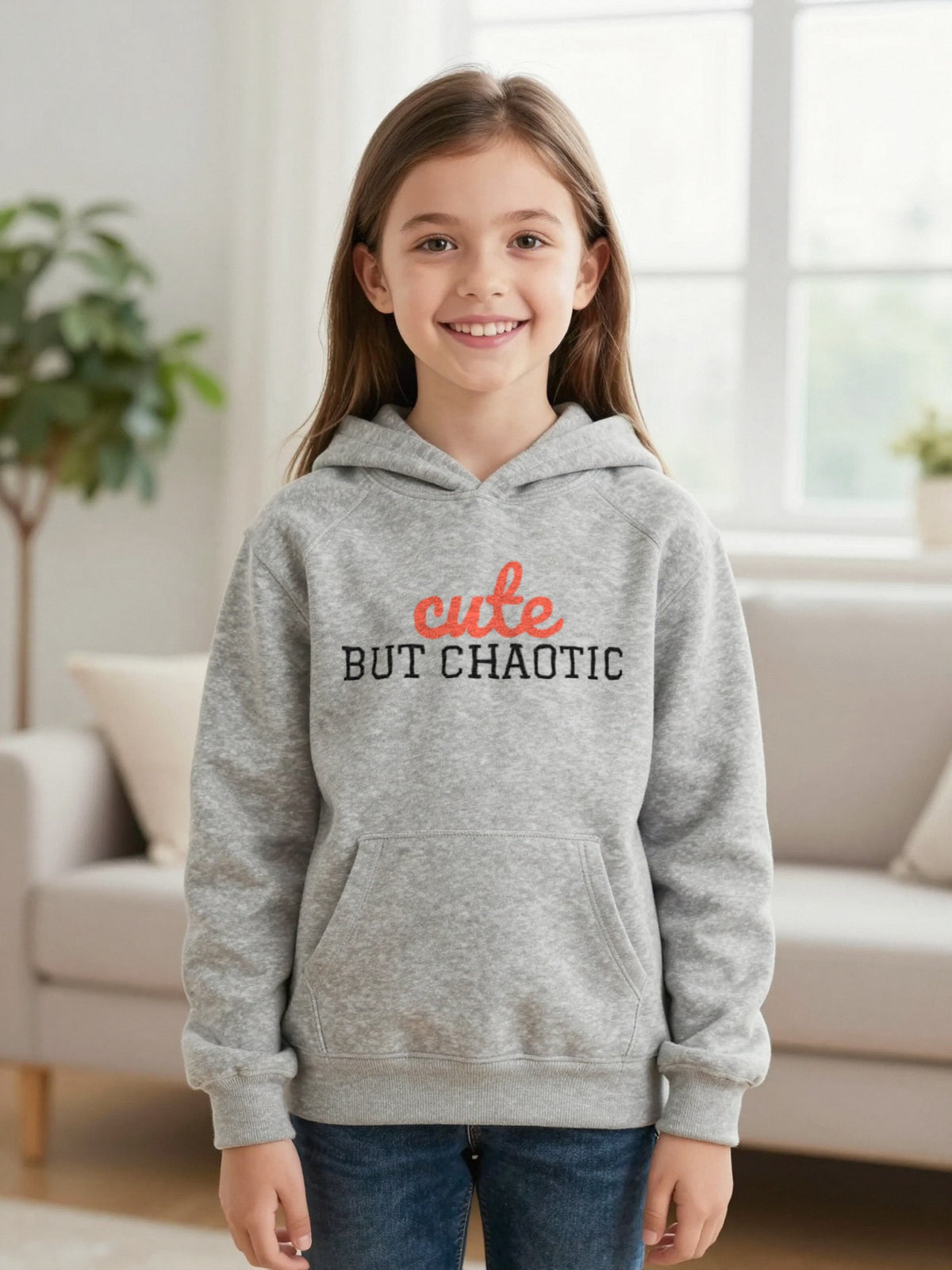 Kids Cute But Chaotic T-Shirt, Sweatshirt & Hoodie Hoodie in Sport Grey, worn by a child