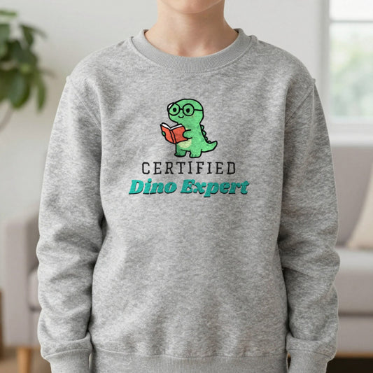Kids Certified Dino Expert T-Shirt & Sweatshirt in Sport Grey (Sweatshirt), worn, our photo