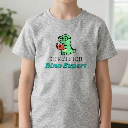Kids Certified Dino Expert T-Shirt & Sweatshirt in Sport Grey (T-Shirt), worn, our photo