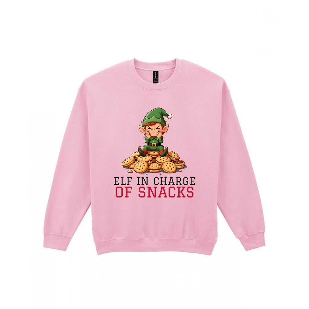 Kids Elf In Charge Of Snacks Christmas T-Shirt & Jumper Sweatshirt in Light Pink