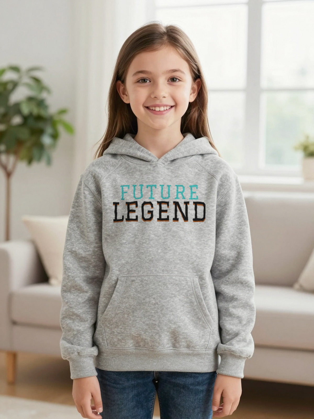 Kids Future Legend T-Shirt, Sweatshirt & Hoodie Hoodie in Sport Grey, worn by a child