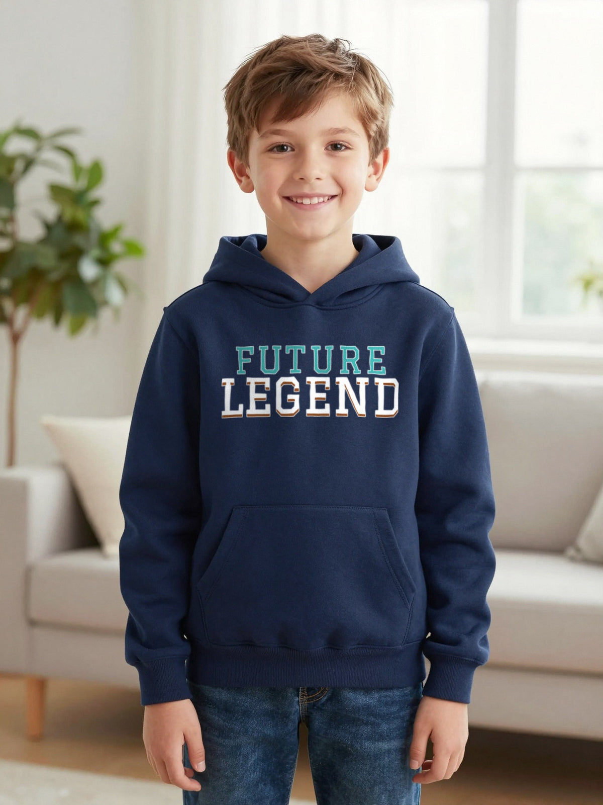 Kids Future Legend T-Shirt, Sweatshirt & Hoodie Hoodie in Navy, worn by a child