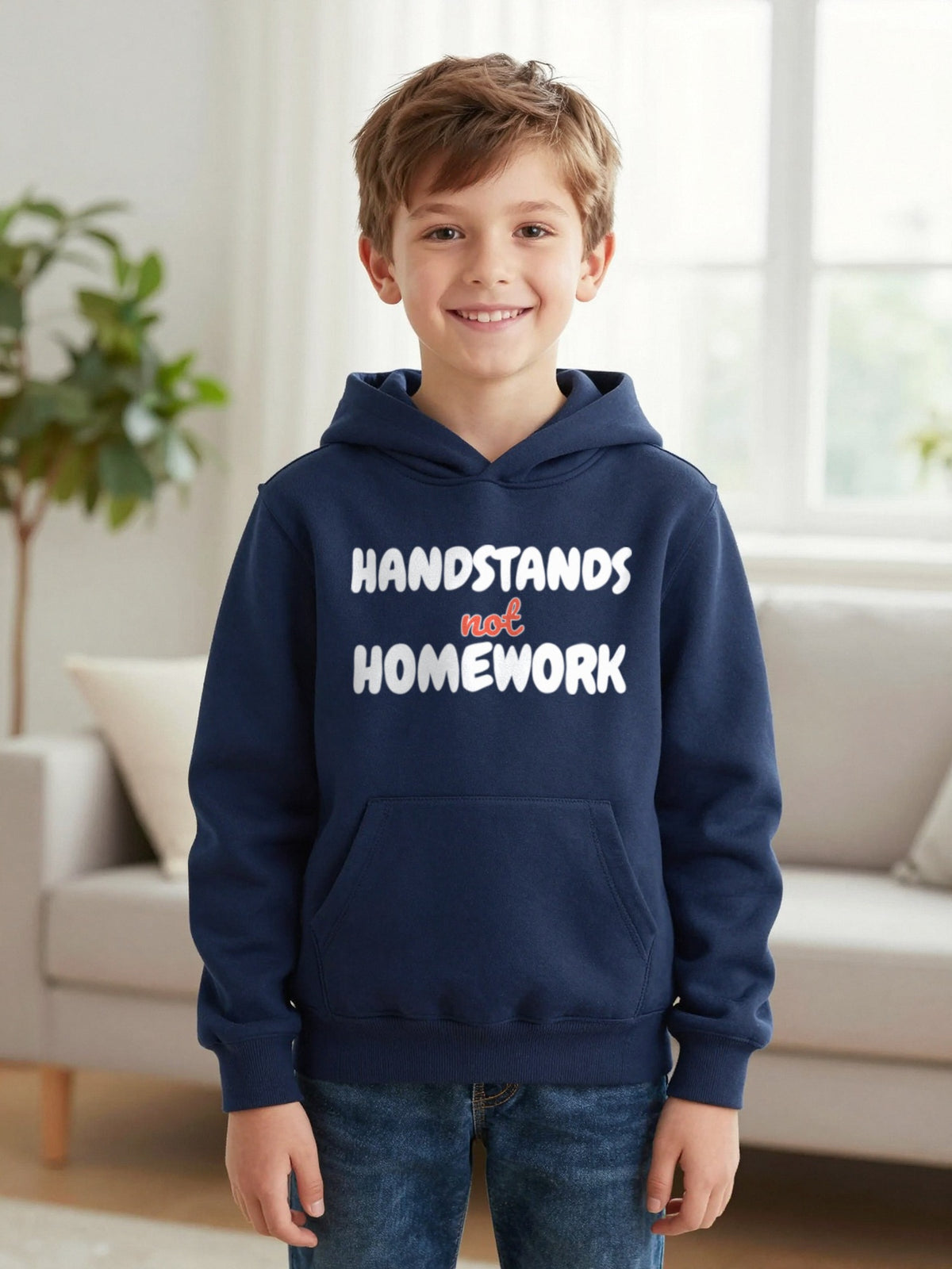 Kids Handstands Not Homework T-Shirt, Sweatshirt & Hoodie Hoodie in Navy, worn by a child