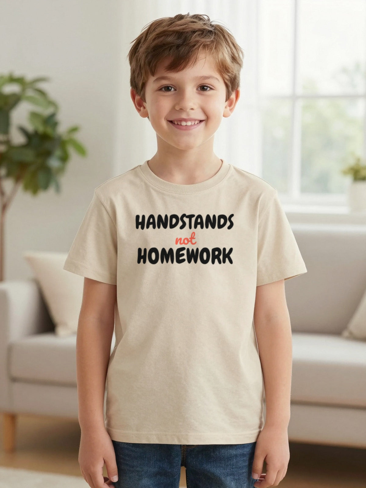 Kids Handstands Not Homework T-Shirt, Sweatshirt & Hoodie worn by a child, another colour
