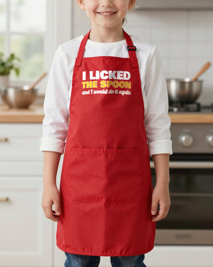 I Licked The Spoon kids apron in Red, worn, our photo