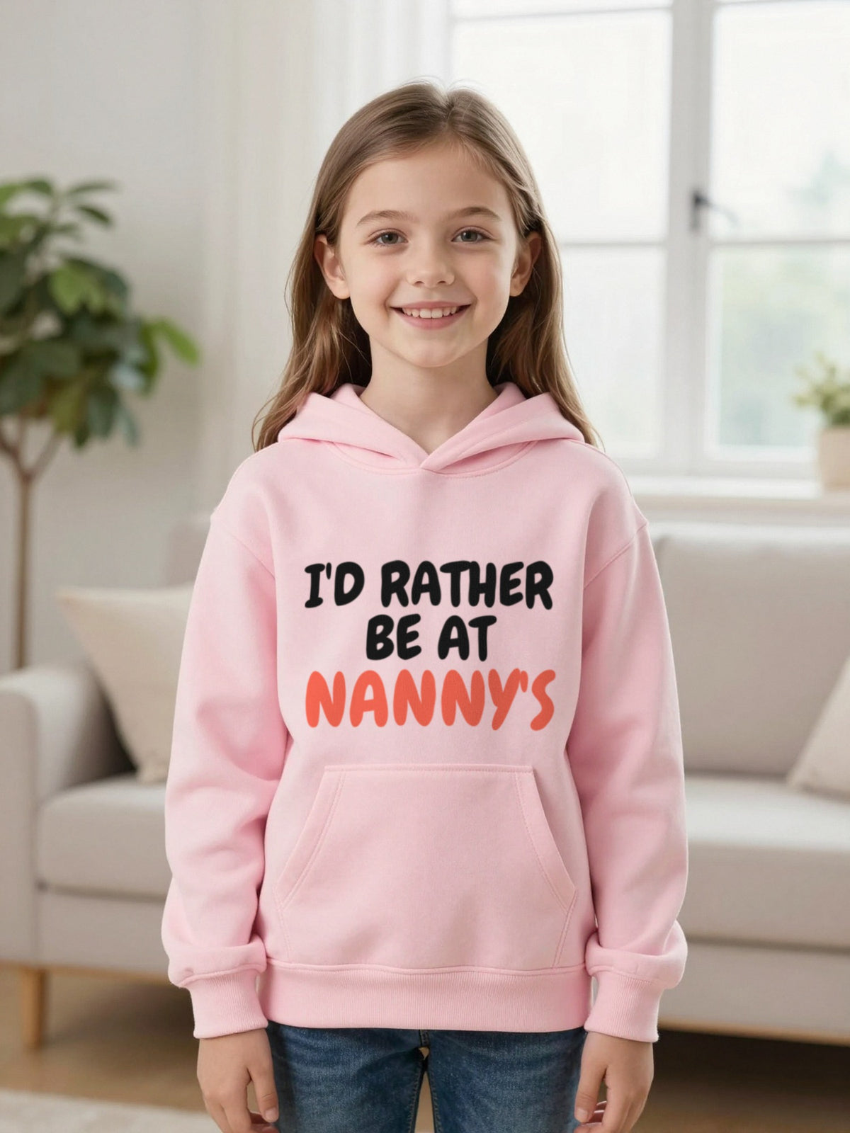 Kids I'd Rather Be At Nanny's T-Shirt, Sweatshirt & Hoodie Hoodie in Light Pink, worn by a child