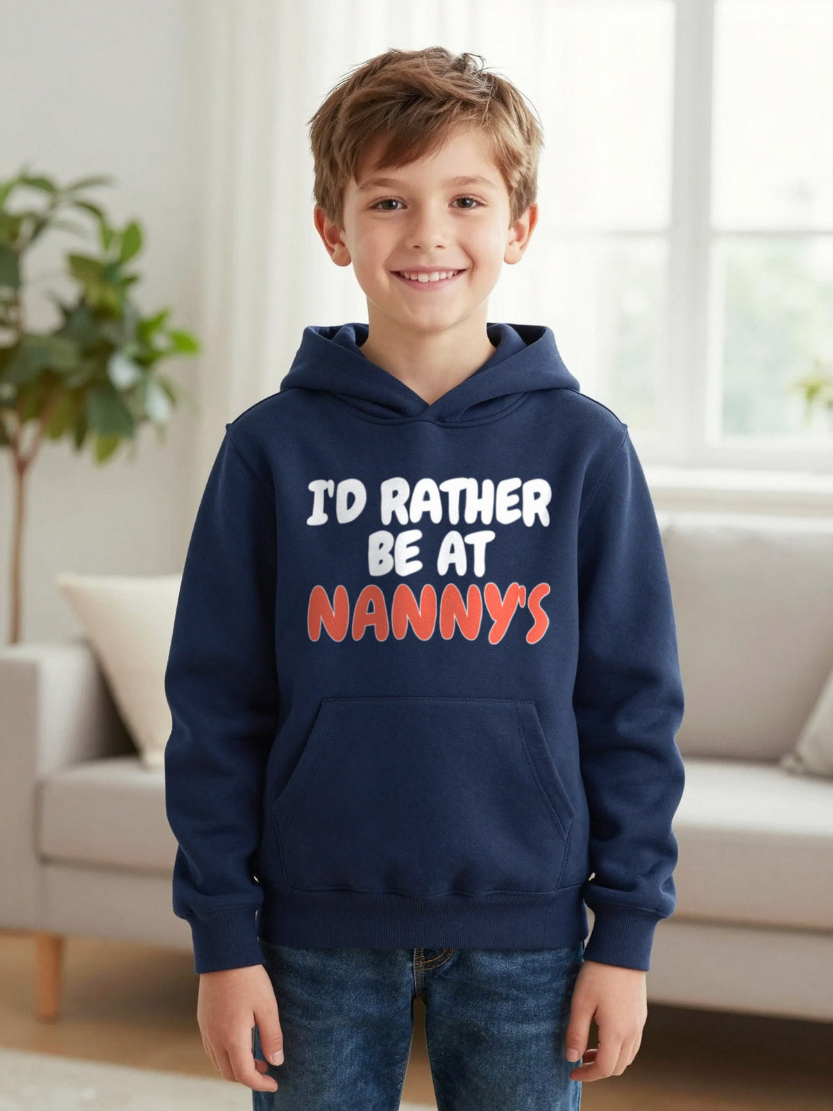 Kids I'd Rather Be At Nanny's T-Shirt, Sweatshirt & Hoodie Hoodie in Navy, worn by a child