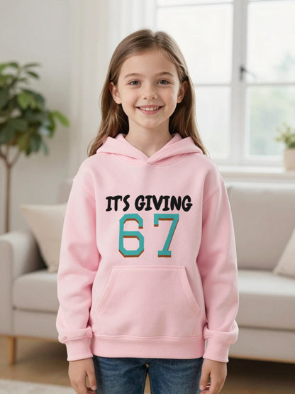 Kids It's Giving 67 T-Shirt, Sweatshirt & Hoodie Hoodie in Light Pink, worn by a child