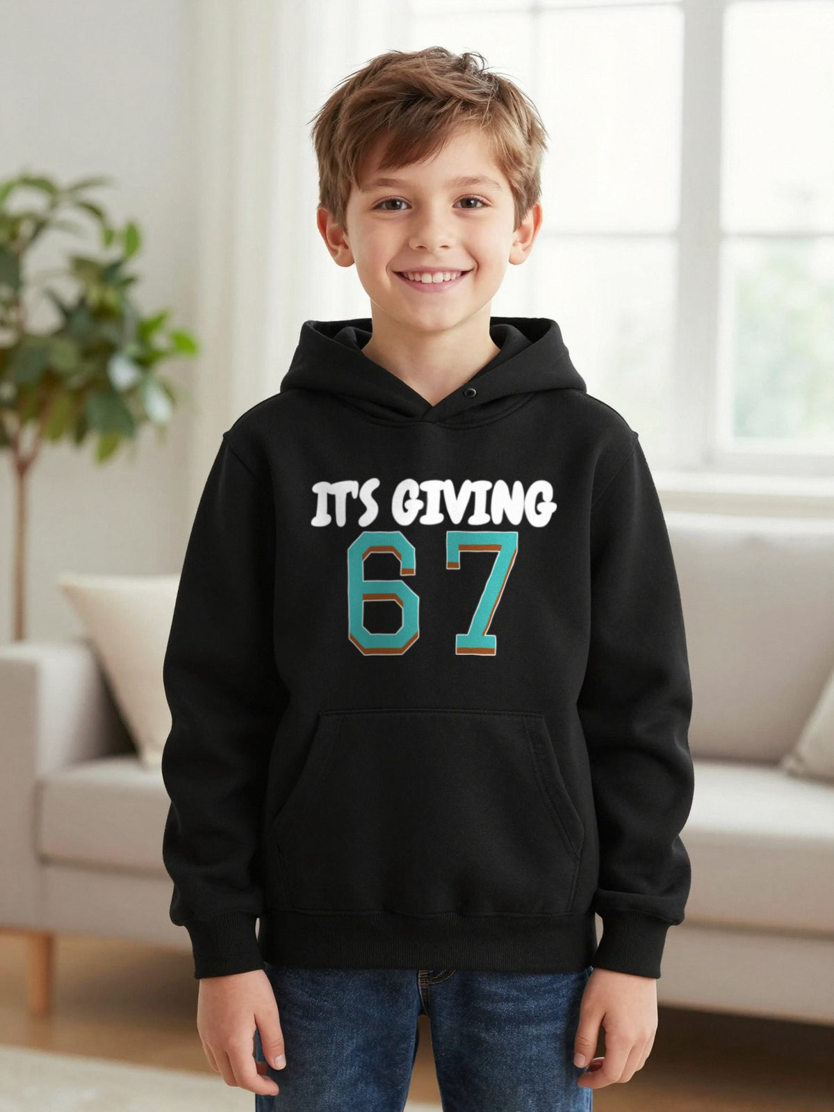 Kids It's Giving 67 T-Shirt, Sweatshirt & Hoodie Hoodie in Black, worn by a child