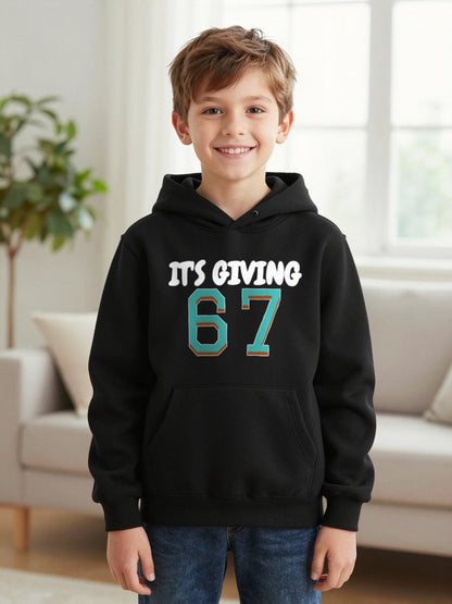 Kids It's Giving 67 T-Shirt, Sweatshirt & Hoodie Hoodie in Black, worn by a child