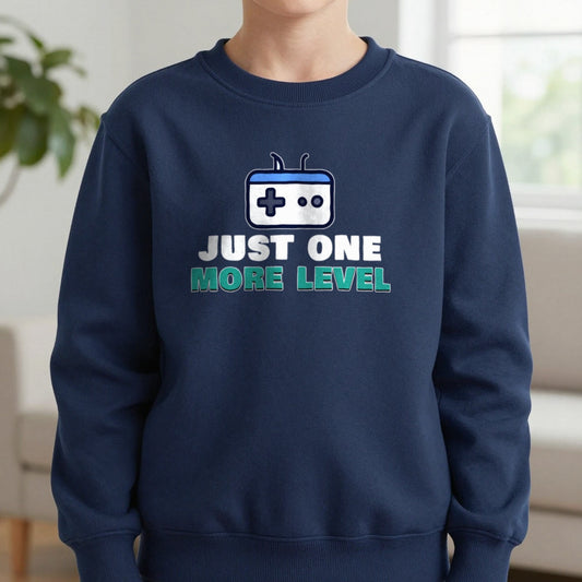 Kids Just One More Level Gaming T-Shirt & Sweatshirt in Navy (Sweatshirt), worn, our photo