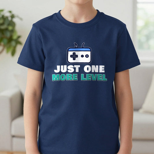 Kids Just One More Level Gaming T-Shirt & Sweatshirt in Navy (T-Shirt), worn, our photo