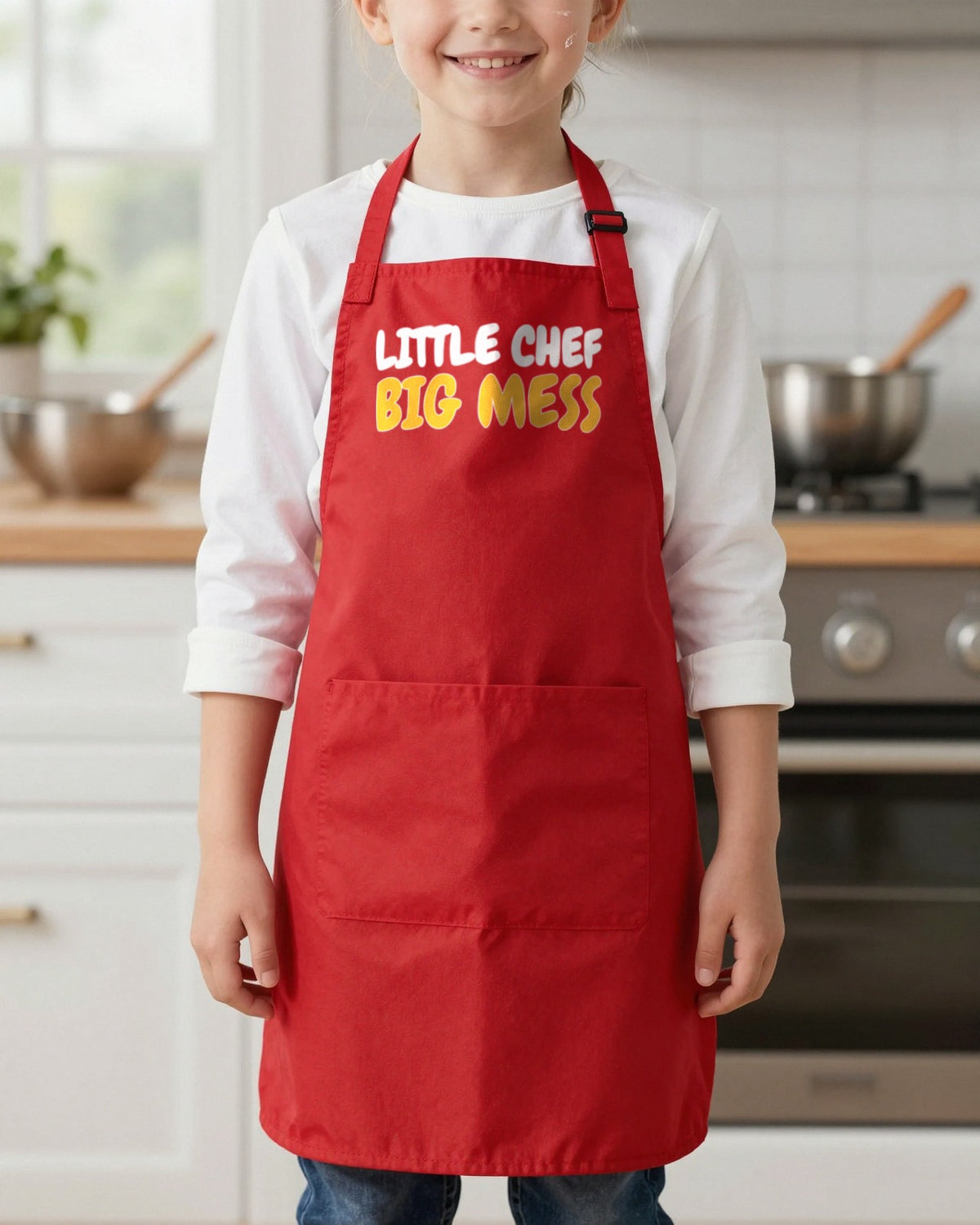 Little Chef Big Mess kids apron in Red, worn, our photo