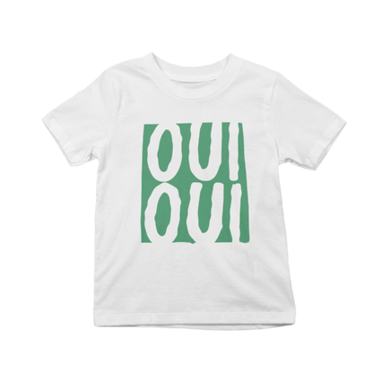 white kids oui oui graphic tee with french-inspired retro artwork