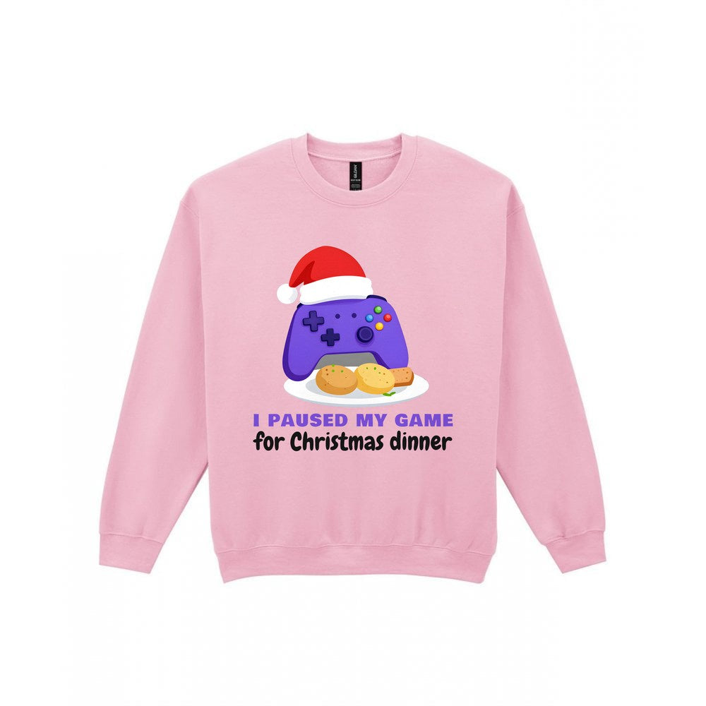 Kids I Paused My Game For Christmas Dinner Christmas T-Shirt & Jumper Sweatshirt in Light Pink