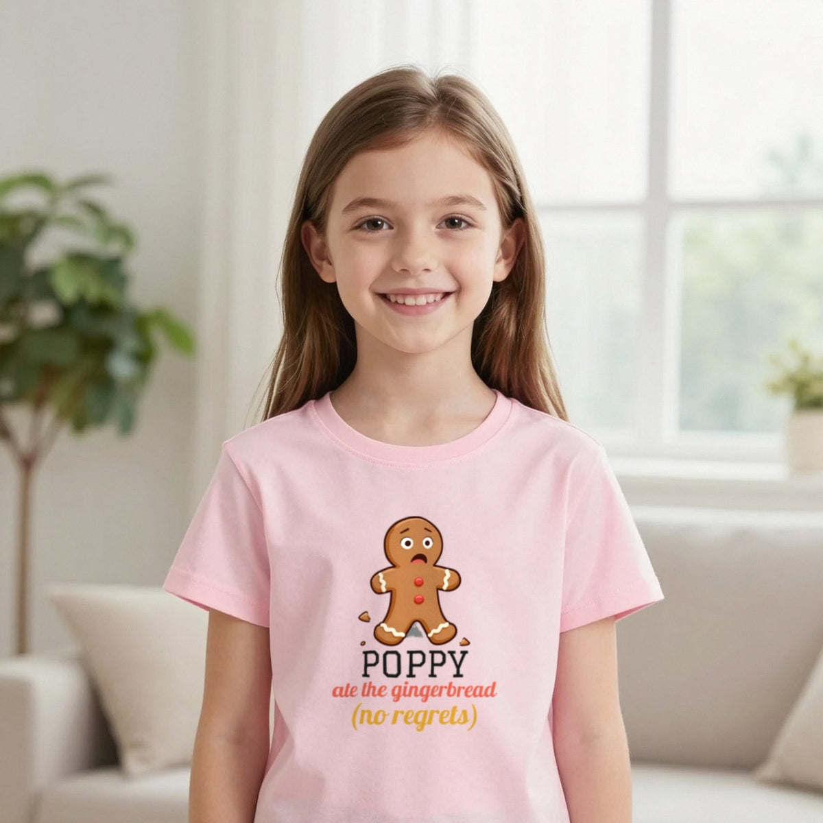 Kids Personalised Ate The Gingerbread Christmas T-Shirt & Sweatshirt T-Shirt in Light Pink, worn, our photo