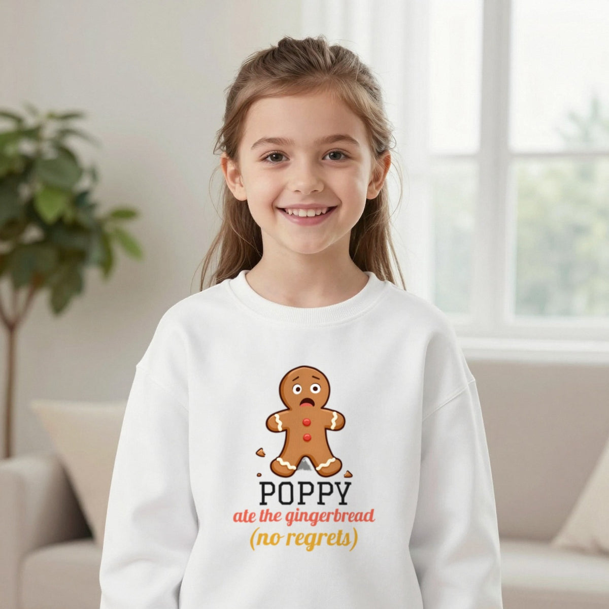Kids Personalised Ate The Gingerbread Christmas T-Shirt & Sweatshirt Sweatshirt in White, worn, our photo