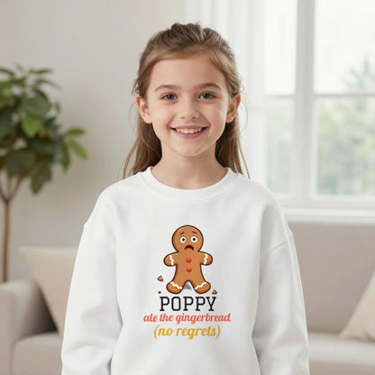 Kids Personalised Ate The Gingerbread Christmas T-Shirt & Sweatshirt Sweatshirt in White, worn, our photo