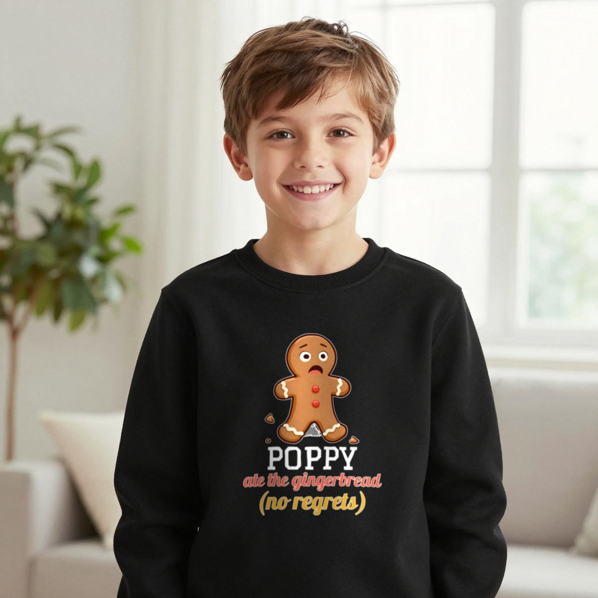 Kids Personalised Ate The Gingerbread Christmas T-Shirt & Sweatshirt Sweatshirt in Black, worn, our photo