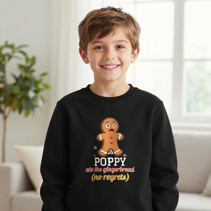 Kids Personalised Ate The Gingerbread Christmas T-Shirt & Sweatshirt Sweatshirt in Black, worn, our photo