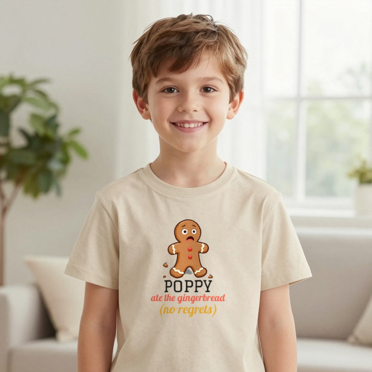 Kids Personalised Ate The Gingerbread Christmas T-Shirt & Sweatshirt T-Shirt in Sand, worn, our photo