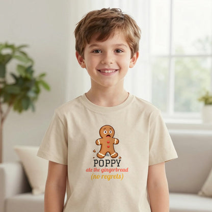 Kids Personalised Ate The Gingerbread Christmas T-Shirt & Sweatshirt T-Shirt in Sand, worn, our photo