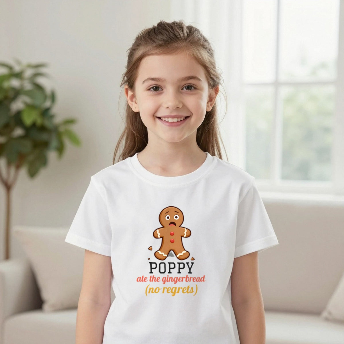 Kids Personalised Ate The Gingerbread Christmas T-Shirt & Sweatshirt T-Shirt in White, worn, our photo