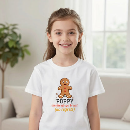 Kids Personalised Ate The Gingerbread Christmas T-Shirt & Sweatshirt T-Shirt in White, worn, our photo