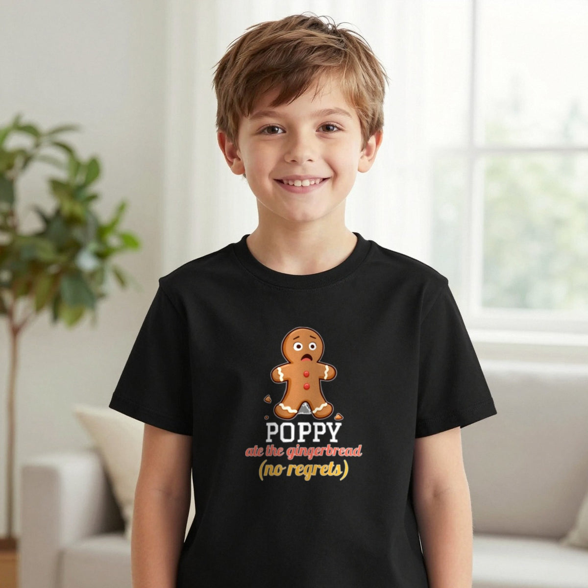 Kids Personalised Ate The Gingerbread Christmas T-Shirt & Sweatshirt T-Shirt in Black, worn, our photo