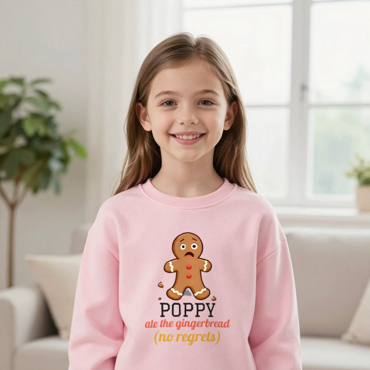 Kids Personalised Ate The Gingerbread Christmas T-Shirt & Sweatshirt Sweatshirt in Light Pink, worn, our photo