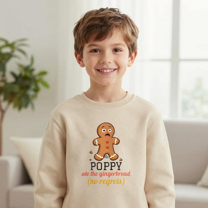 Kids Personalised Ate The Gingerbread Christmas T-Shirt & Sweatshirt Sweatshirt in Sand, worn, our photo