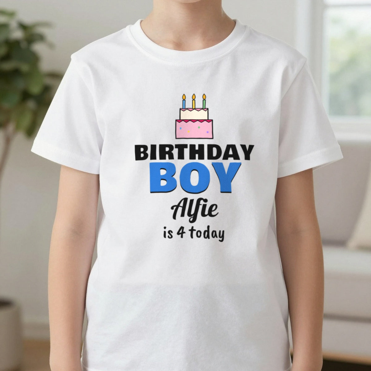 Kids Personalised Birthday Boy T-Shirt T-Shirt in White, worn, our photo