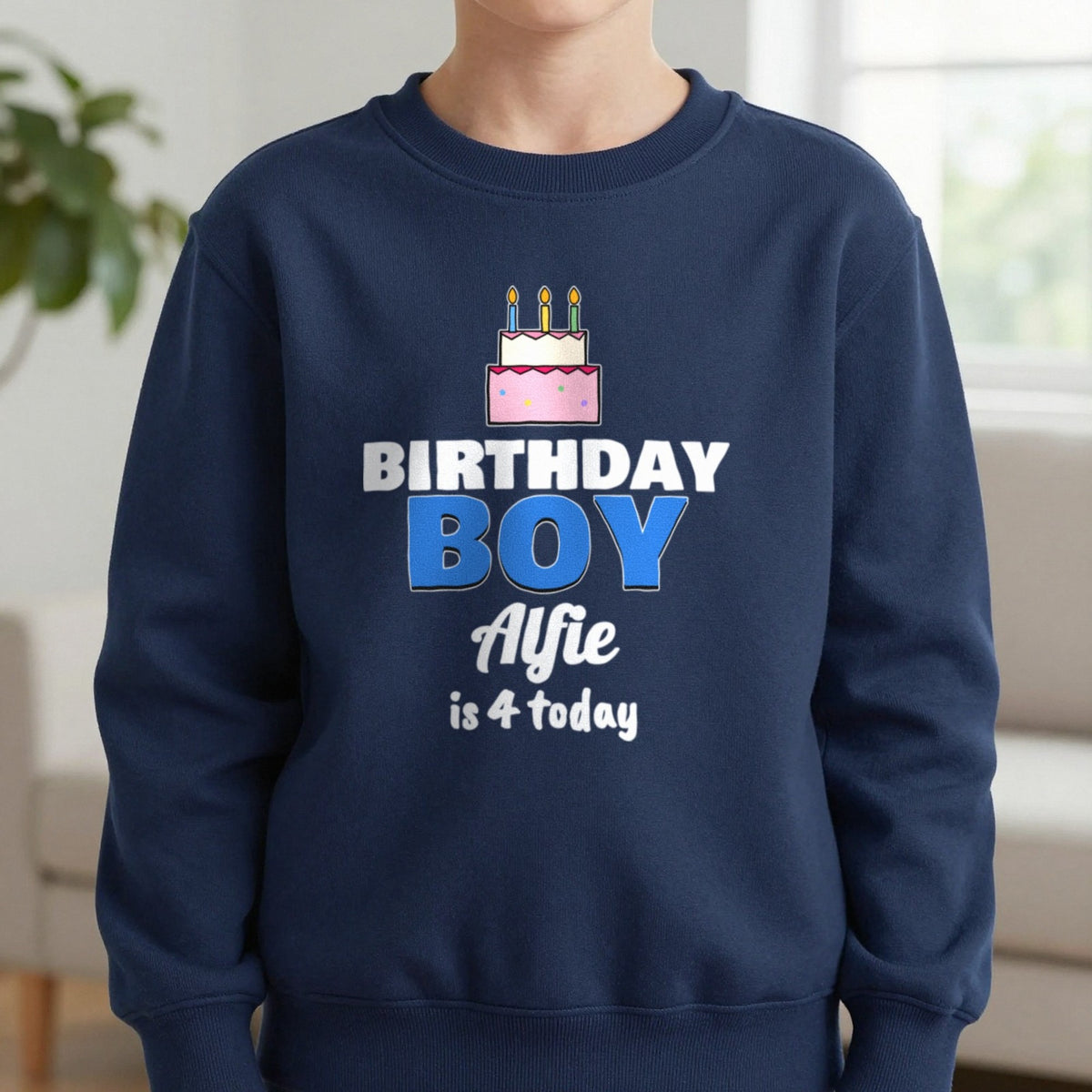 Kids Personalised Birthday Boy T-Shirt Sweatshirt in Navy, worn, our photo