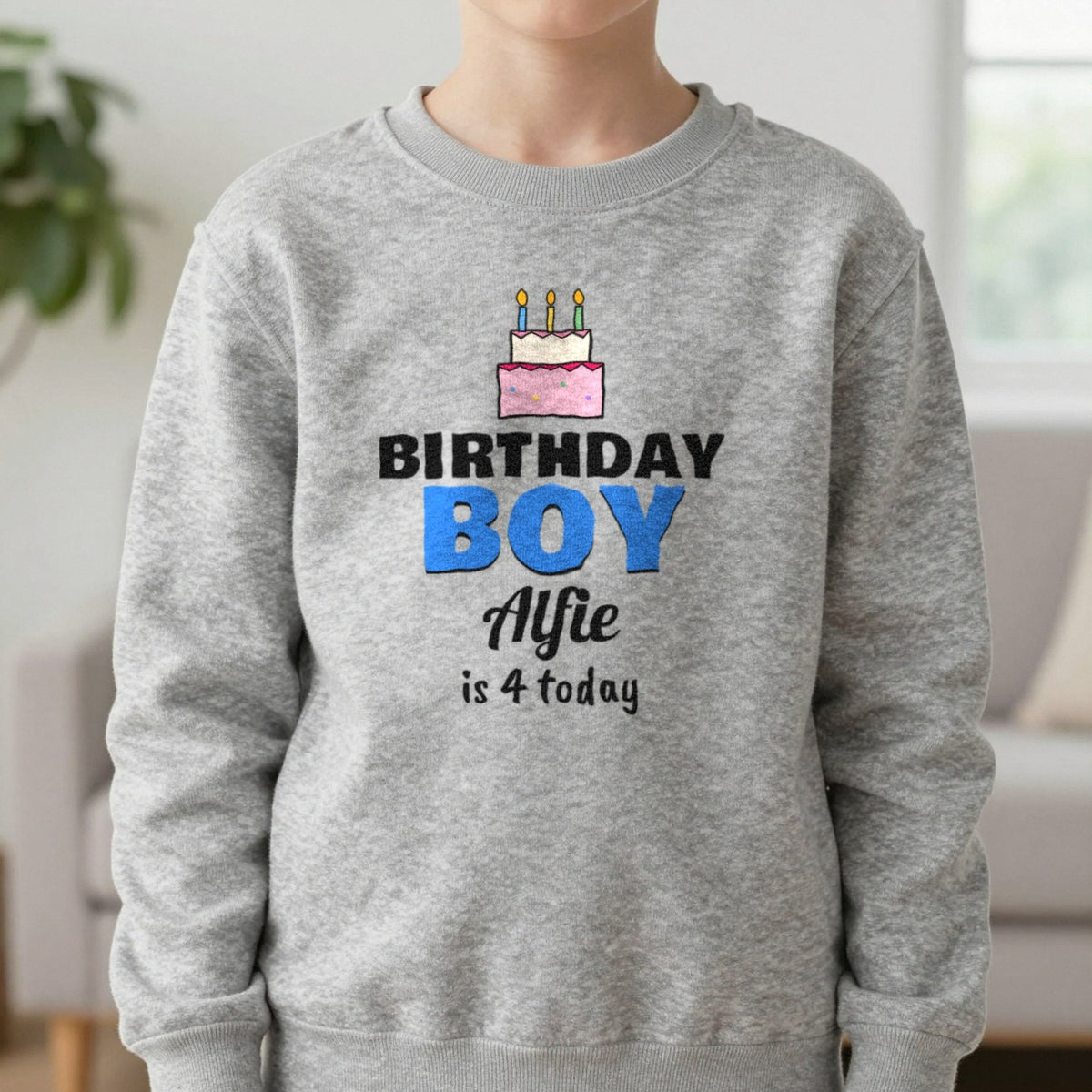 Kids Personalised Birthday Boy T-Shirt Sweatshirt in Sport Grey, worn, our photo