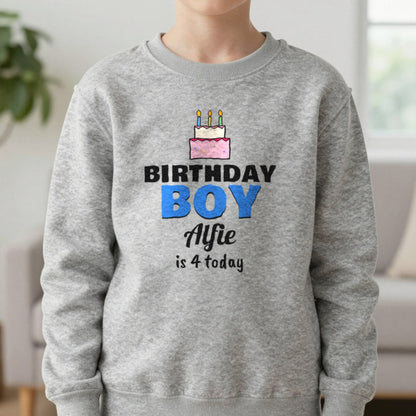 Kids Personalised Birthday Boy T-Shirt Sweatshirt in Sport Grey, worn, our photo