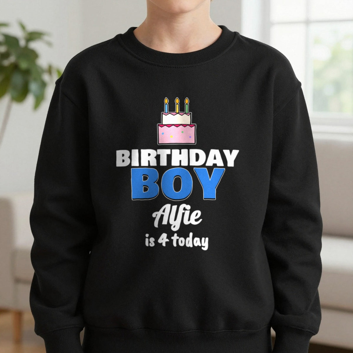 Kids Personalised Birthday Boy T-Shirt Sweatshirt in Black, worn, our photo