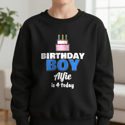 Kids Personalised Birthday Boy T-Shirt Sweatshirt in Black, worn, our photo