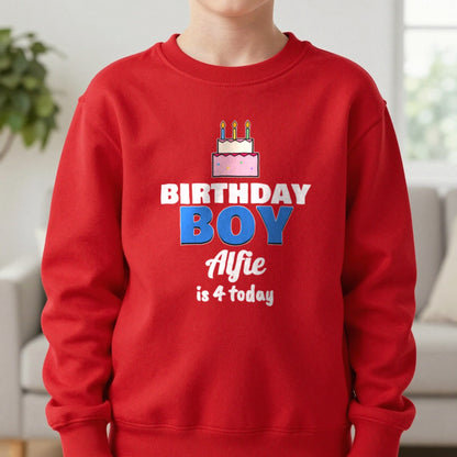 Kids Personalised Birthday Boy T-Shirt Sweatshirt in Red, worn, our photo