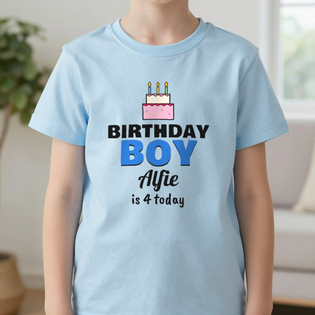 Kids Personalised Birthday Boy T-Shirt T-Shirt in Light Blue, worn, our photo