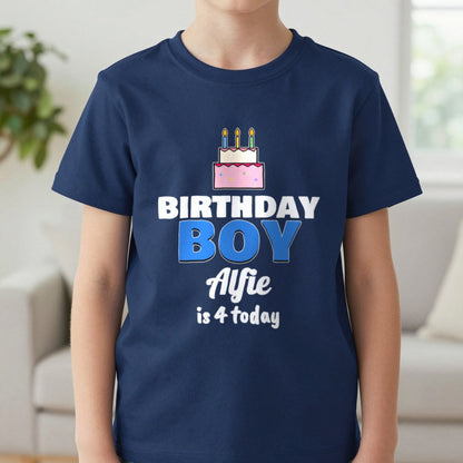 Kids Personalised Birthday Boy T-Shirt T-Shirt in Navy, worn, our photo