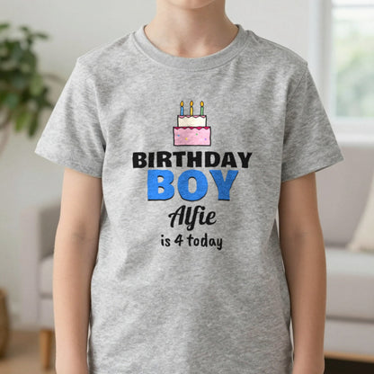 Kids Personalised Birthday Boy T-Shirt T-Shirt in Sport Grey, worn, our photo