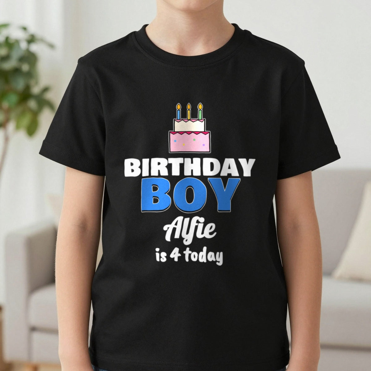 Kids Personalised Birthday Boy T-Shirt T-Shirt in Black, worn, our photo