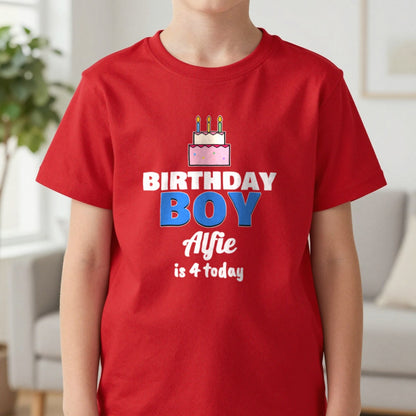 Kids Personalised Birthday Boy T-Shirt T-Shirt in Red, worn, our photo