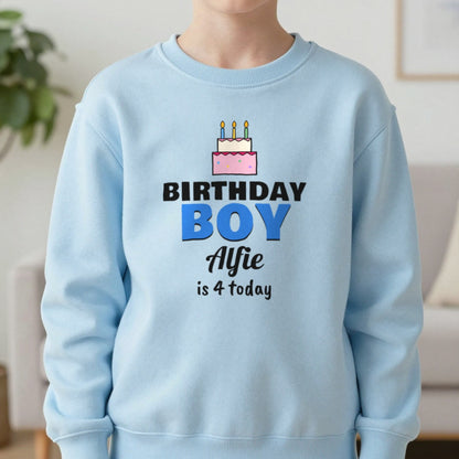 Kids Personalised Birthday Boy T-Shirt Sweatshirt in Light Blue, worn, our photo