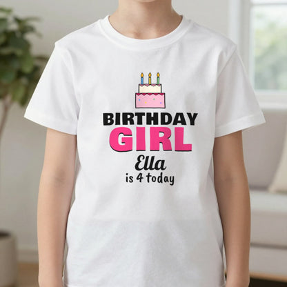 Kids Personalised Birthday Girl T-Shirt T-Shirt in White, worn, our photo