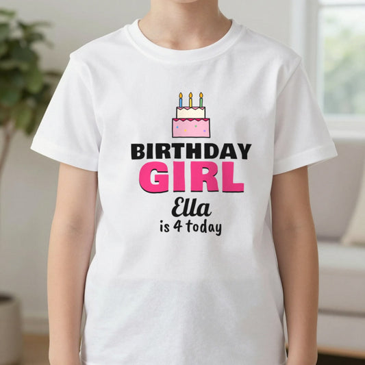Kids Personalised Birthday Girl T-Shirt T-Shirt in White, worn, our photo