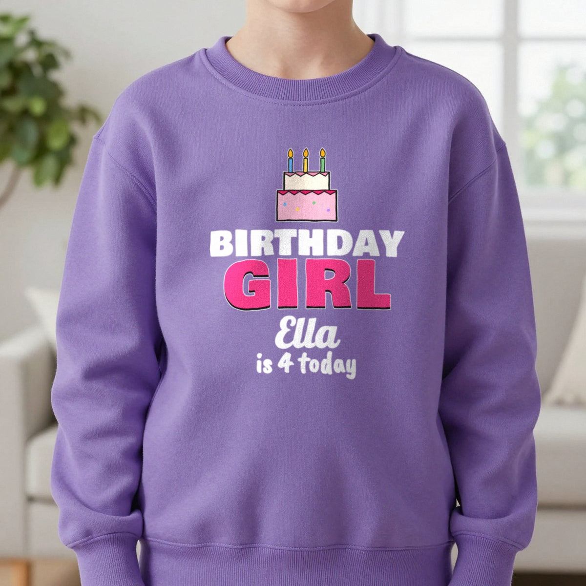 Kids Personalised Birthday Girl T-Shirt Sweatshirt in Purple, worn, our photo