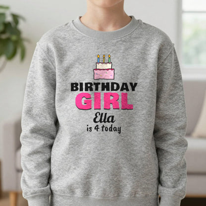 Kids Personalised Birthday Girl T-Shirt Sweatshirt in Sport Grey, worn, our photo